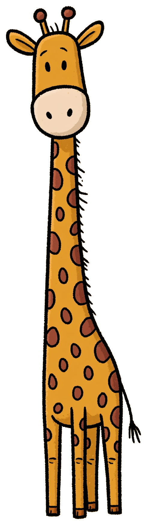 Raffi, a hand-drawn giraffe, standing in the warm savanna at sunset