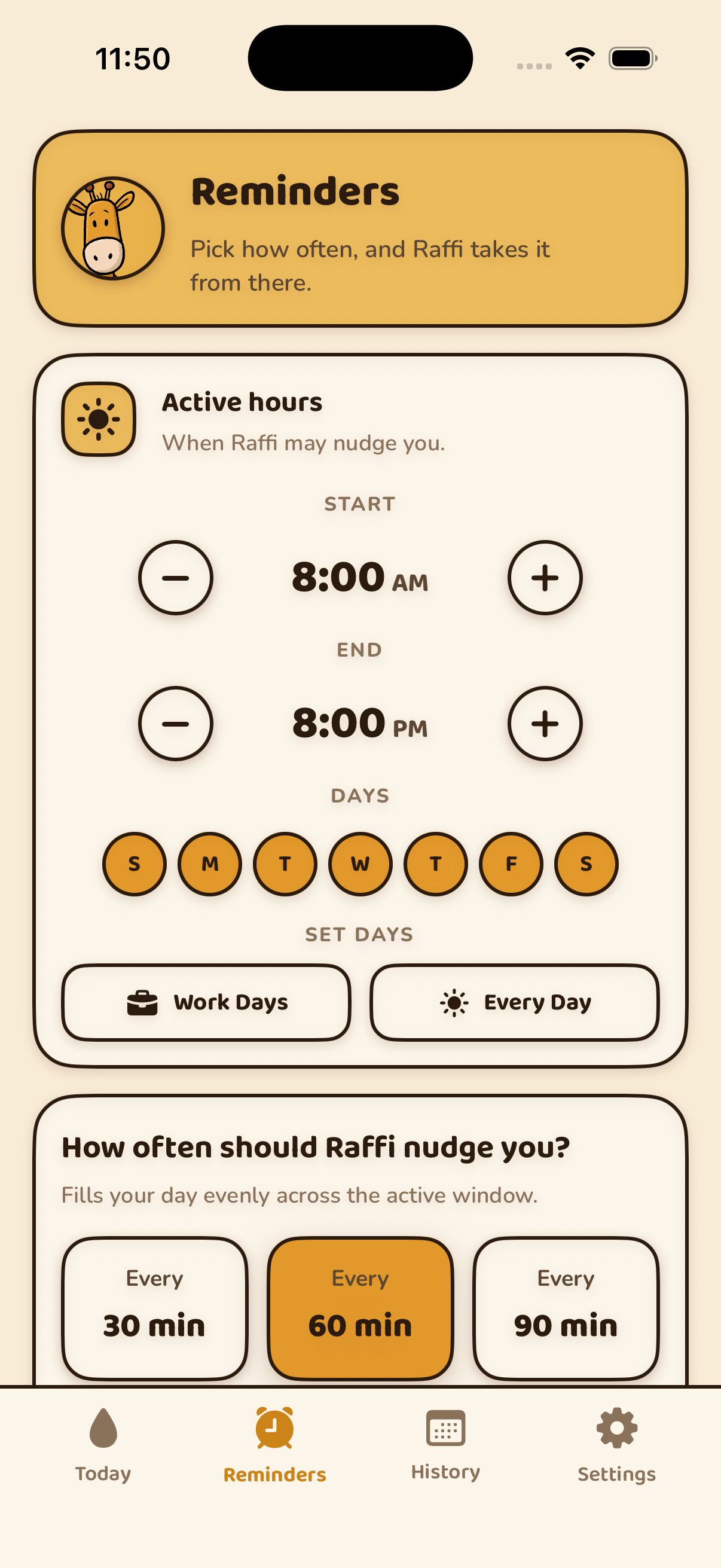 Raffi's Reminders screen for choosing how often he nudges you