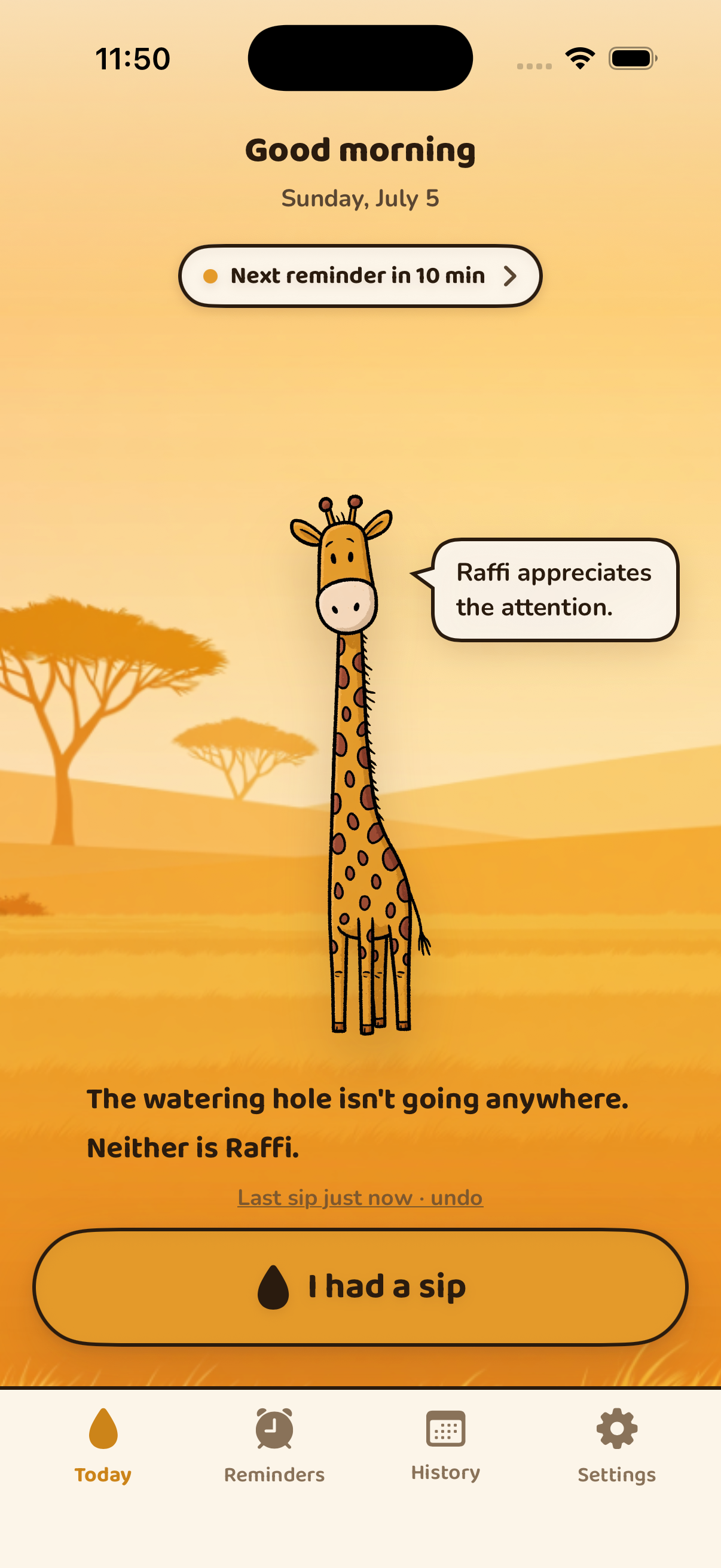 Raffi's Today screen with a gentle next-reminder note